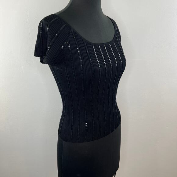 VINTAGE Laundry Shelli Segal Black Short Sleeve Mesh Overlay Sequin Stripe Top L - Picture 3 of 6
